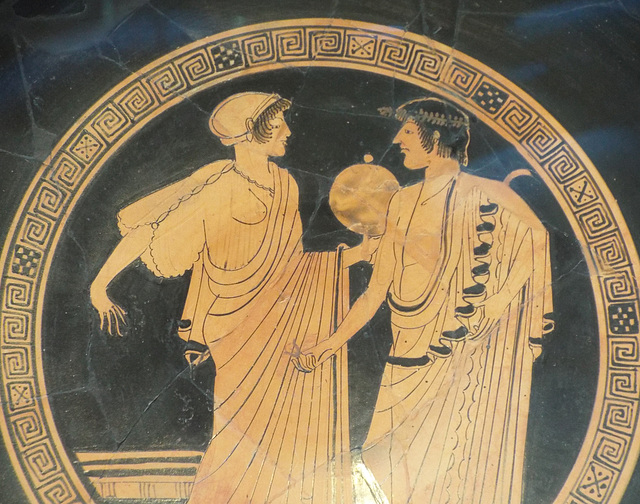 Detail of a Kylix with a Flirtation Scene Attributed to the Briseis Painter in the Getty Villa, June 2016