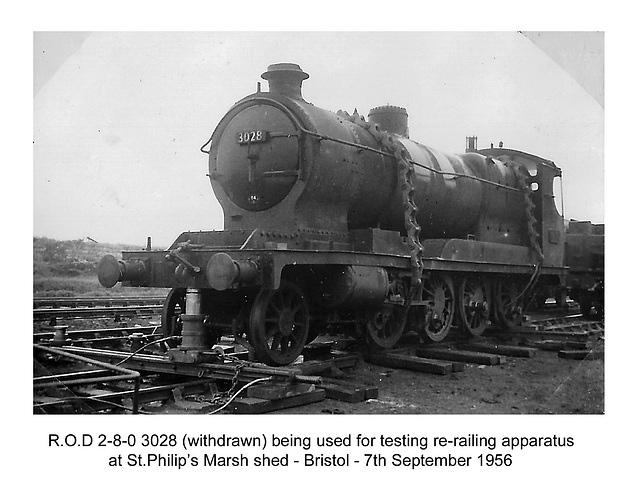 Alan Newman's photo of ROD 2-8-0 3028 being used in re-railing trials - St Philip's Marsh - Bristol - 7.9.1956