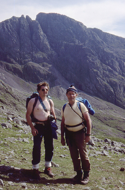 Steve and Jim at Hollow Stones with Scafell behind Lake District 4th July 1991