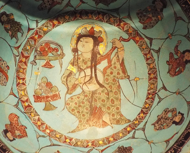 Detail of a Turquoise Bowl with a Lute Player and Audience in the Metropolian Museum of Art, July 2016