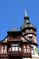 Romania, Sinaia, Wooden Balconies of the Right Tower of Peleș Castle