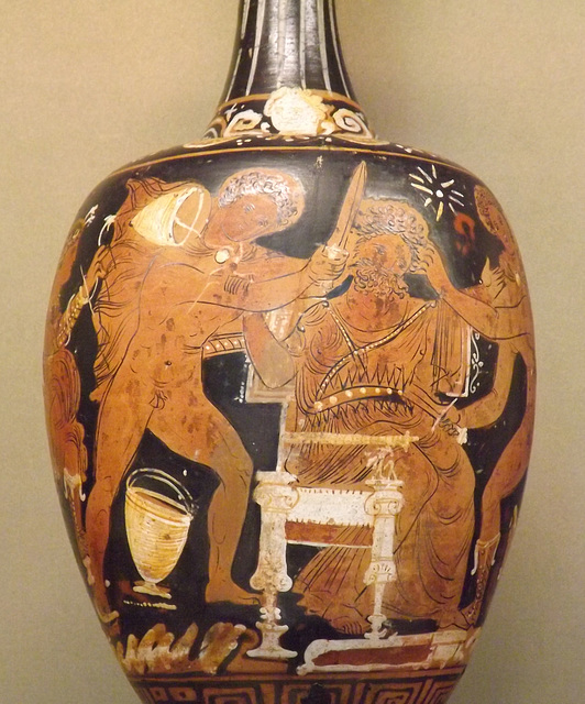 Detail of a Red-Figure Oinochoe with Orestes and Pylades Killing Aegisthus in the Louvre, June 2013