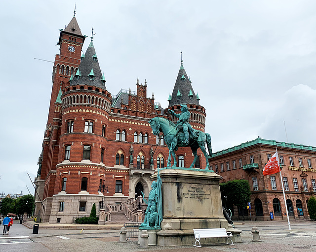 The Helsingborg city hall with the statue of Magnus Stenbock