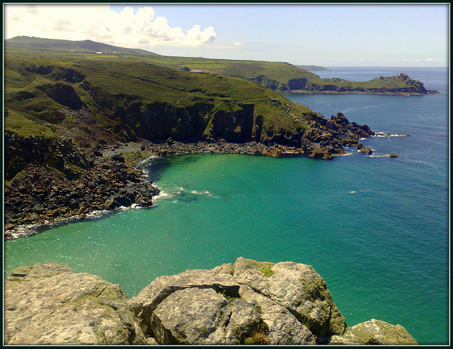 Gurnard's Head and Carn Galva from Zennor Head. Veor Cove below.