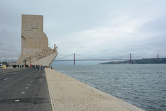 Lisbon, Monument to the Discoverers and Bridge of 25 April across Tagus River