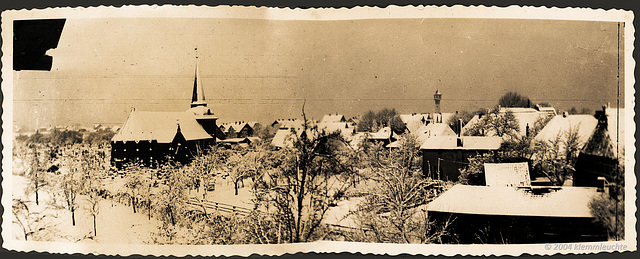 Kirche, Friedhof und Moorburg-Mitte vom Balkon des Pastorats 1941