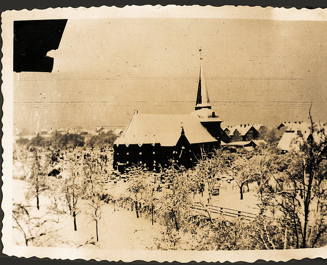 Kirche, Friedhof und Moorburg-Mitte vom Balkon des Pastorats 1941
