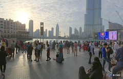 Crowds gathering on the promenade by The Fountain, Dubai