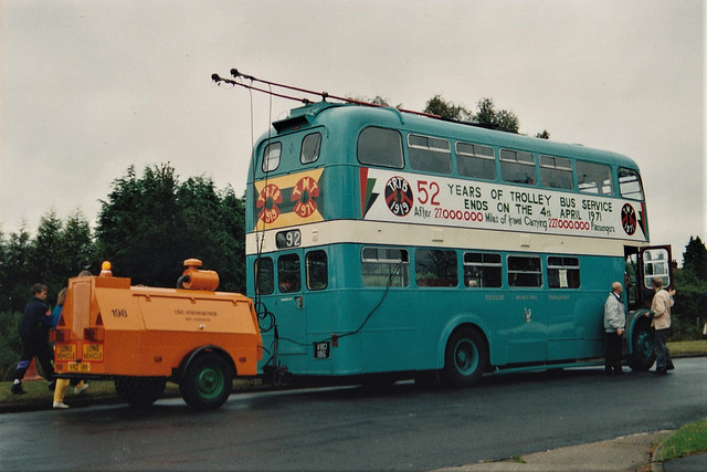 Preserved former Teesside Municipal Transport T291 (VRD 186) in Ipswich – 22 Aug 1993 (202-21)
