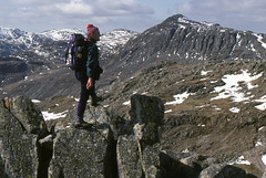Alan on the Crinkle Crags with Bow Fell beyond,Lake District 1994