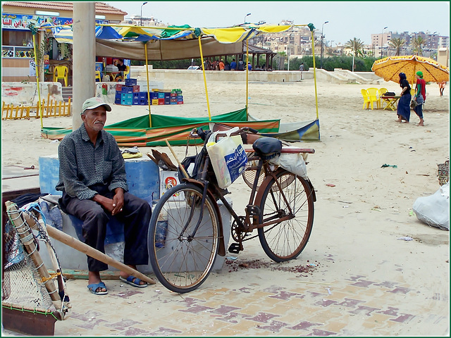 Port Said : Il pescatore di arselle in attesa della bassa marea col suo attrezzo retino raschiatore e bicicletta