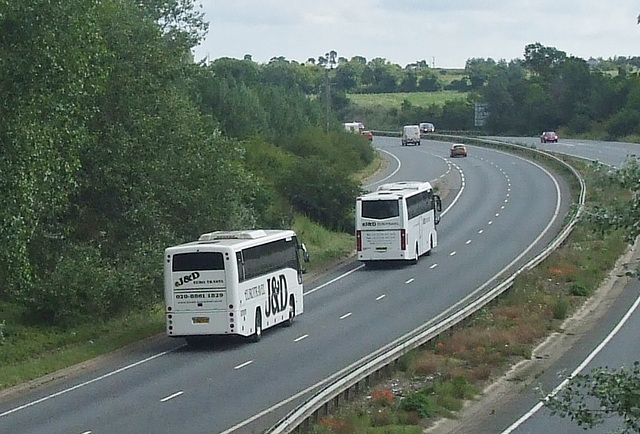 DSCF9092 J & D Eurotravel  coaches on the A11 at Red Lodge, Suffolk - 5 Aug 2017