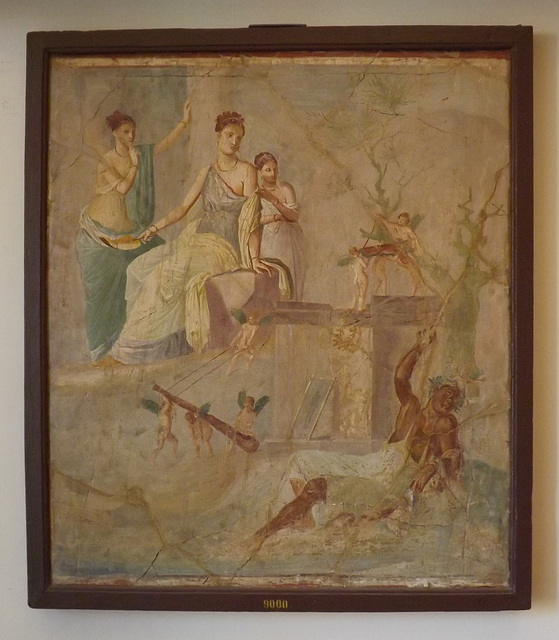 Wall Painting with Herakles and Omphale from the House of the Prince of Montenegro in Pompeii in the Naples Archaeological Museum, July 2012