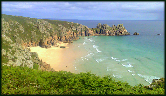 Pednvounder Beach and Logan Rock, Porthcurno, and two distant yachts.. Of course this one's for Pam too!