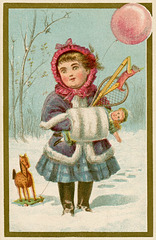 Girl with Toys in Snow—Christmas Trade Card for Edward Ridley & Sons, 1880