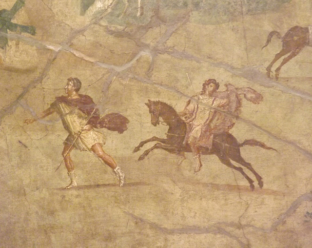 Detail of Apollo and Artemis Hunting the Niobids Painting from the House of the Sailor in Pompeii in the Naples Archaeological Museum, July 2012
