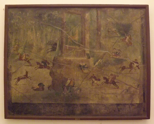 Apollo and Artemis Hunting the Niobids Painting from the House of the Sailor in Pompeii in the Naples Archaeological Museum, July 2012