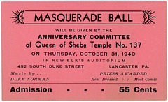 Halloween Masquerade Ball Ticket, Queen of Sheba Temple No. 137, Lancaster, Pa., October 31, 1940