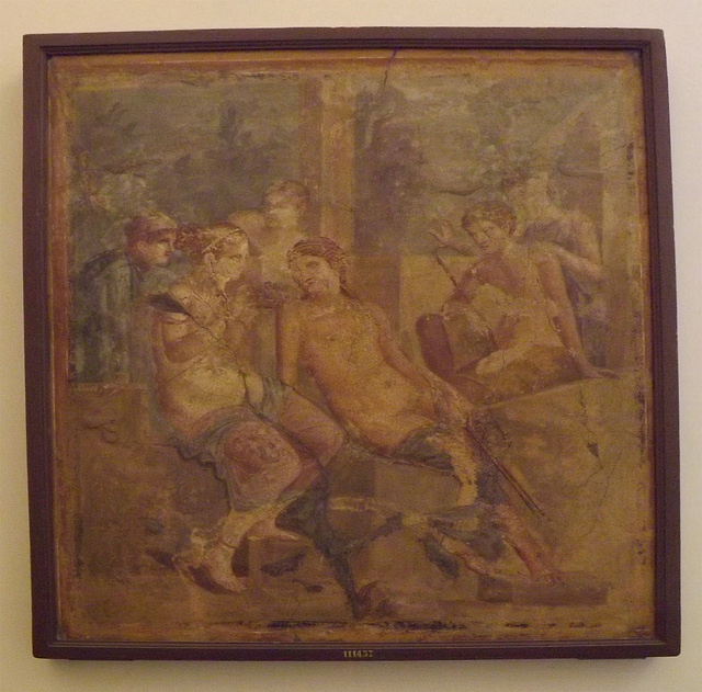 Wall Painting with Aphrodite Giving a Nest of Cupids to a Hunter from Pompeii in the Naples Archaeological Museum, July 2012