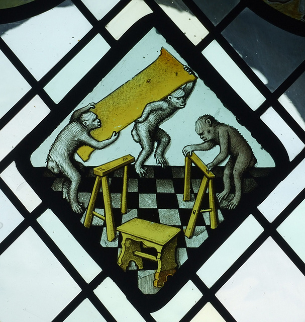 Three Apes Building a Trestle Table Stained Glass Roundel in the Cloisters, June 2011