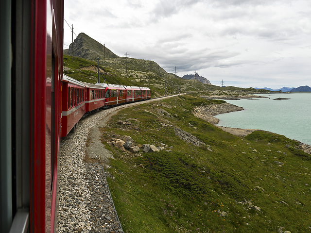 Bernina Red Train - The White Lake at Bernina Pass, Switzerland