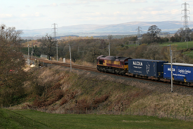 DB Cargo class 66 66160 with 4S49 11:12 Daventry - Grangemouth Intermodal at Great Strickland 13th April 2019.