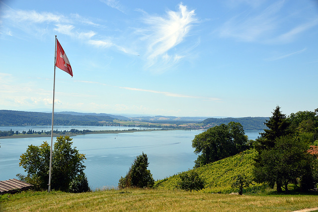 Blick über das obere Bielerseebecken in richtung Westschweiz von Schernelz