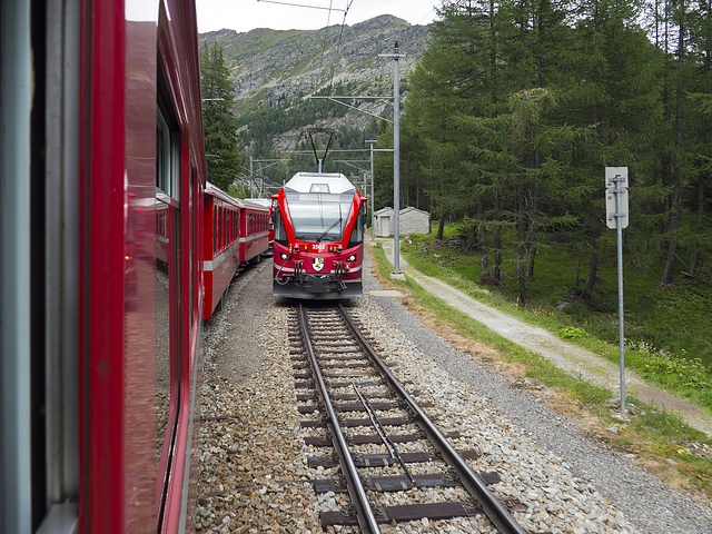 Bernina Red Train, Switzerland - Encounter between trains