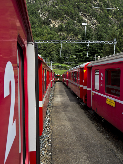 Bernina Red Train - Between two trains, Switzerland