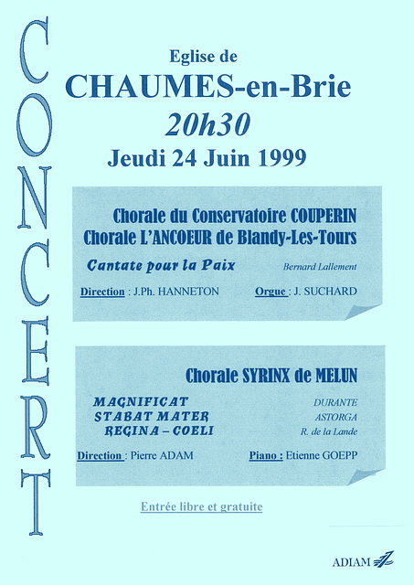 Concert des Chorales à l'église de Chaumes-en-Brie le 24/06/1999
