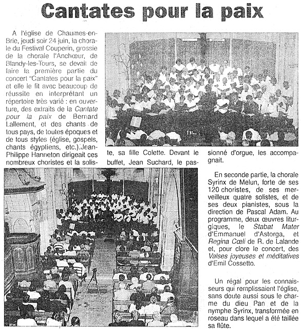 Concert des Chorales à l'église de Chaume-en-Brie le 24/06/1999
