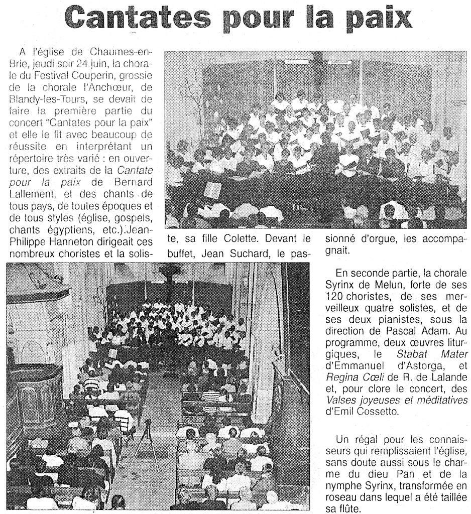 Concert des Chorales à l'église de Chaume-en-Brie le 24/06/1999