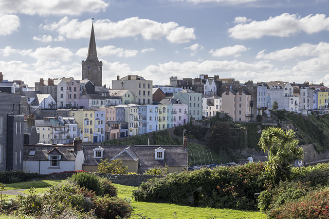 Tenby Church and seafront buildings from Castle Hill