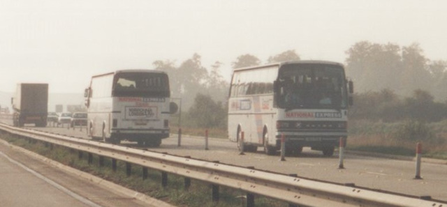 Chenery H63 PDW and H62 PDW (National Express livery) on the A11 near Barton Mills - 13 Oct 1995