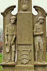 chelmsford cemetery, essex,memorial to sportsman robert cook +1908 with masonic and sporting symbols: bicycle, cricket bat, golf clubs