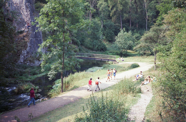 Footbridge over the River Dove near Ilam Rock, Dovedale (Scan from August 1989)