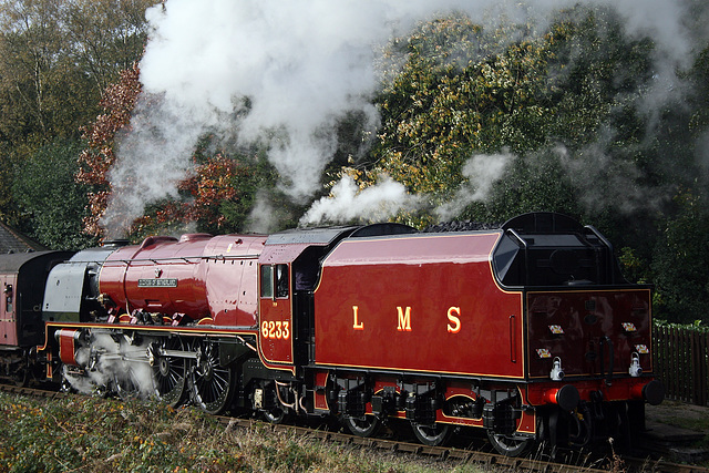LMS class 8P Coronation 4-6-2 6233 DUCHESS OF SUTHERLAND with 1J53 09.50 Heywood - Rawtenstall departing Irwell Vale 19th October 2018.(ELR)