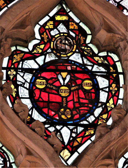 dorchester abbey church, oxon arms of the trinity and an agnus dei amongst c14 glass now in the east window(60)
