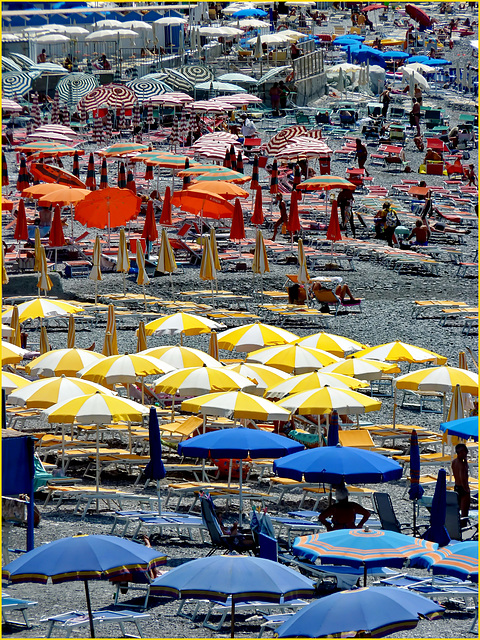 Genova : grande spiaggia, niente sabbia, tanti sassi, molti ombrelloni colorati
