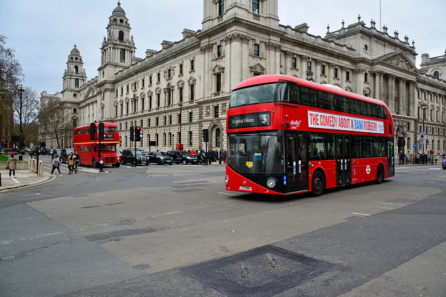 London 2018 – New Routemaster meets old Routemaster on Parliament Square