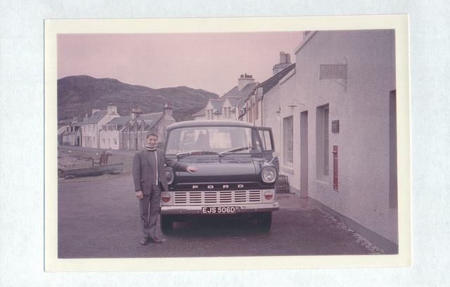 David Slater stood with Duncan MacLennan's  bus in Shieldaig (EJS 506D) - May 1967