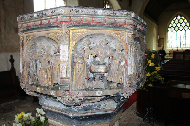 Font with remains of medieval paint scheme, Westhall Church, Suffolk