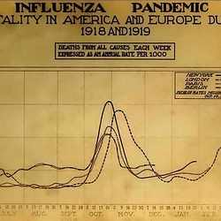 A chart of deaths from all causes in major cities, showing a peak in October and November 1918