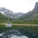 Norway, Lofoten Islands, Yacht in Longkanfjorden