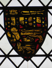 dorchester abbey church, oxon,c14 heraldry in nave glass, perhaps the earl of lancaster? (113)