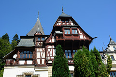 Romania, Sinaia, Wooden Balconies of the Left Tower of Peleș Castle