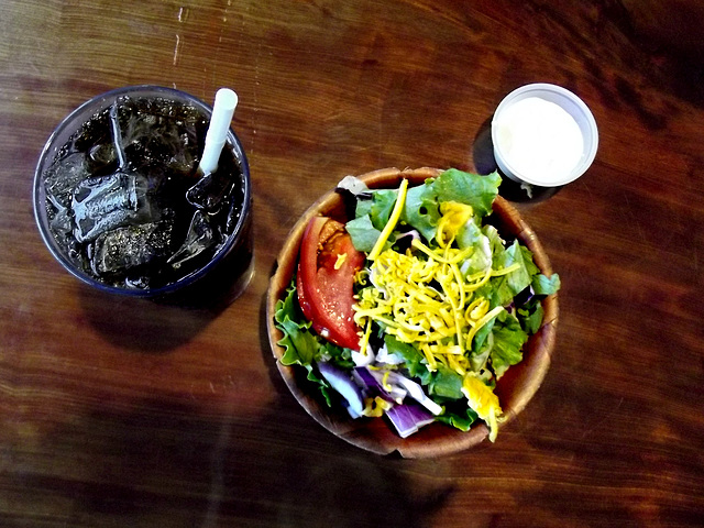 Coke, tiny salad in chipped bowl, blue cheese dressing
