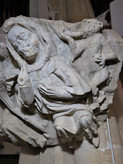 dorchester abbey church, monk awakened by the devil tutivillus blowing on his horn; detail of the c14 corbel, (121)