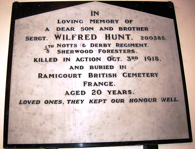 Memorial to Sergt. Wilfred Hunt, Saint James Church, Riddings, Derbyshire