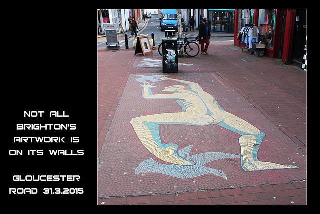 Man vs gulls? - mosaic in Gloucester Road - Brighton - 31.3.2015